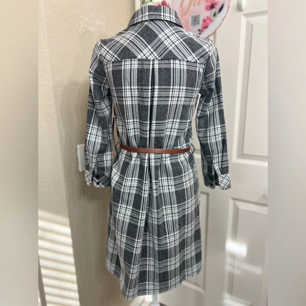 Plaid Button-Up Dress with Belt